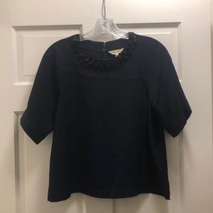 Rebecca Taylor. Navy Silk top. Beaded detail around neck. Size 6